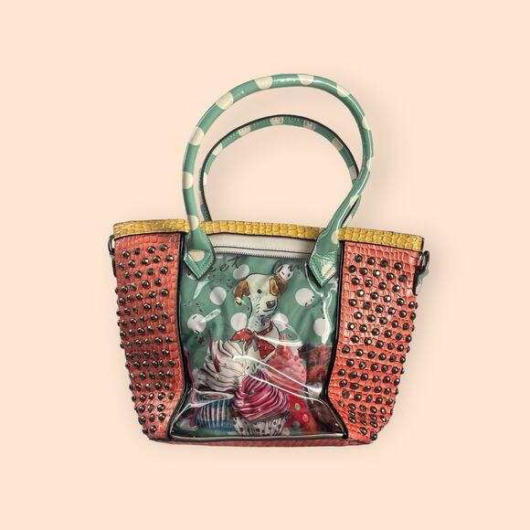 Nicole Lee Sweet Cupcake Tote Removable Interior Bag Coral Green Dogs Puppies - Picture 10 of 16